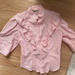 Vintage 1950s pink and white striped ruffled button up top